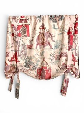 2 handmade tie-up curtains, fully lined, linen blend printed fabric, toile